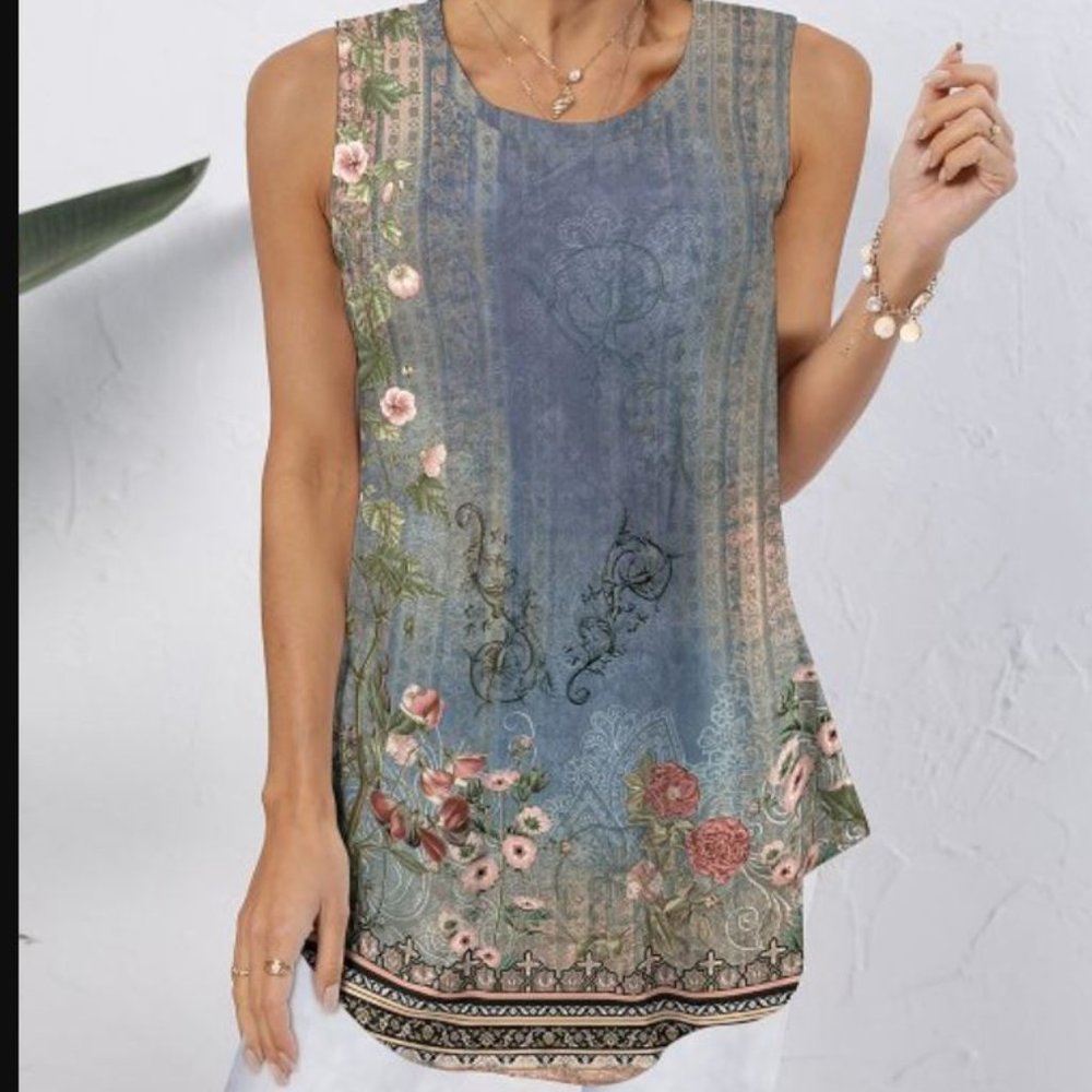 NWT Gray & Yellow Scarf-Print Floral Swing Tank